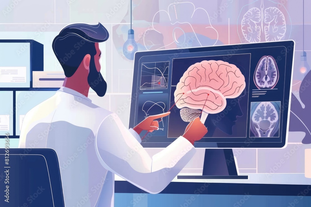 Poster man pointing at a computer screen with a brain scan, suitable for medical concepts