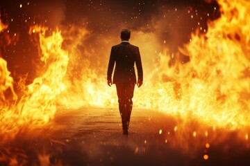 Back view of a man walking on a road surrounded by intense flames