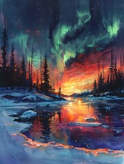 Fototapeta premium A watercolor depicting the aurora borealis lighting up the entire sky
