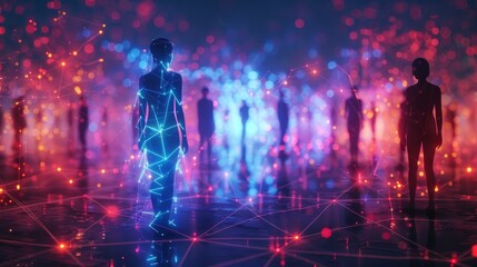 a group of people walking through a dark space