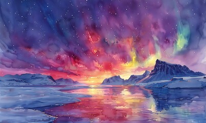 Fototapeta premium A watercolor depicting the aurora borealis lighting up the entire sky