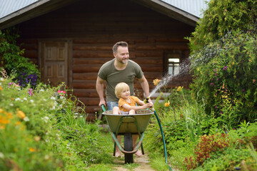 Happy little boy having fun in a wheelbarrow pushing by dad in domestic garden on warm sunny day....