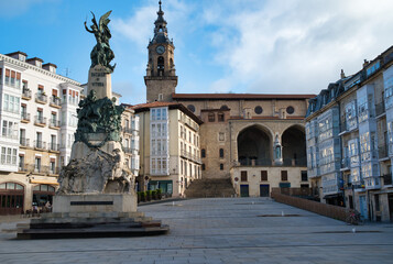 Plaza de la Virgen Blanca in Vitoria/Gasteiz. The central monument in memory of the battle of Vitoria, the access to the old part of the city. Basque Country, Spain. © Michael