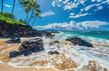 A serene beach scene in Hawaii, with crystalclear turquoise waters and black lava rocks leading to the shore.