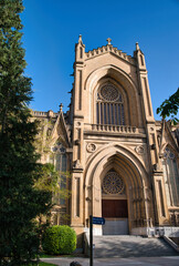 Cathedral of Mary Immaculate of Vitoria-Gasteiz, neogothic building. Photo is taken from behind the cathedral in vertical. Basque Country, Spain.