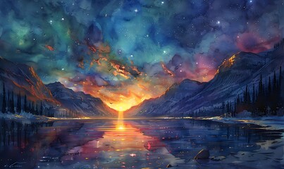 Obraz premium A watercolor depicting the aurora borealis lighting up the entire sky