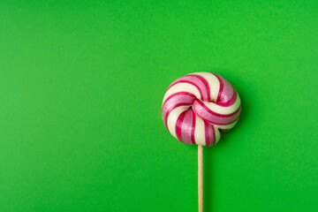 Color lollipop, spiral candy on stick, colorful striped lollypop, round fruit caramel, circle...