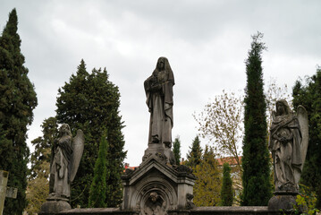 Statues of angels, sculptures and architecture in the cemetery