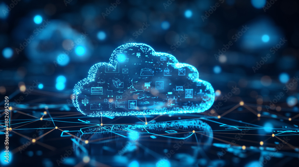 Poster data transfer cloud computing technology concept. there is a large prominent cloud icon in the cente