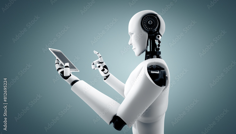 Poster mlp 3d illustration robot humanoid use mobile phone or tablet in future office while using ai thinki