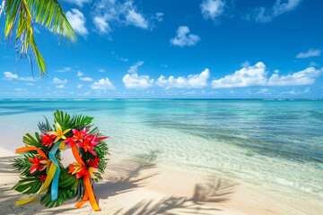 Beach scene with a Memorial Day wreath against the se adorned with tropical ribbons.