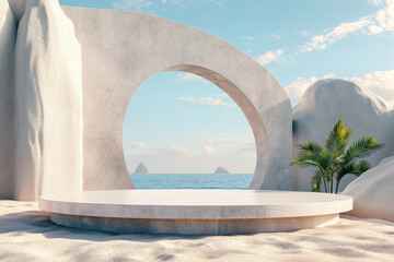 3d rendering of a podium in front of a large archway with a view of the ocean