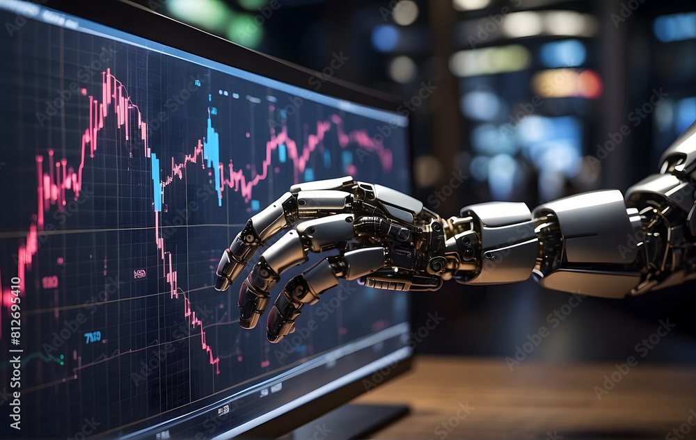 Poster a robotic hand touching a screen with a stock chart in the background, artificial intelligence, mode