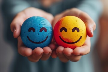 Two individuals holding Easter eggs painted with smiley faces, expressing happiness and joy