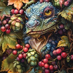 Vibrant hops vines intertwining with an alien creature