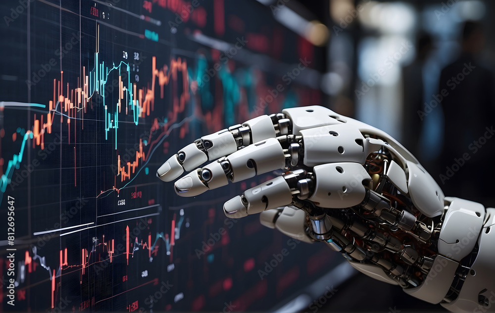 Aufkleber a robotic hand touching a screen with a stock chart in the background, artificial intelligence, mode
