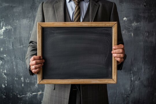 Professional businessman in grey suit holding a blank chalkboard with customizable copy space for advertising, marketing, or educational message presentation in a corporate office setting