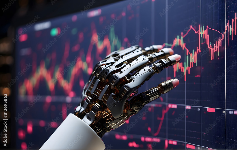 Poster a robotic hand touching a screen with a stock chart in the background, artificial intelligence, mode