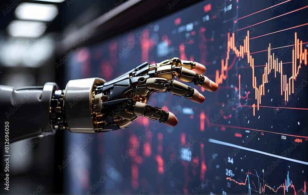 Poster a robotic hand touching a screen with a stock chart in the background, artificial intelligence, mode