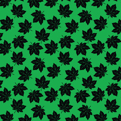 Seamless Pattern With Autumn Leaves Black Silhouettes Isolated On Green Background