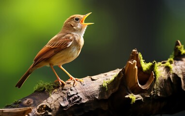 Common Nightingale captured in a natural woodland setting, singing from within the underbrush