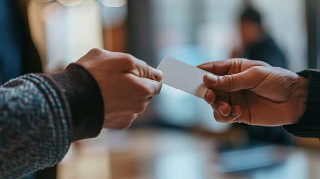 Confident business handshake with business card exchange closeup. - Powered by Adobe