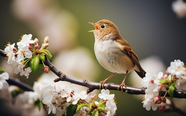 Fototapeta premium Common Nightingale singing melodiously perched atop a flowering bush, serene spring backdrop