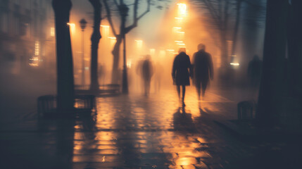 Fototapeta premium Blurry City Street - People Walking at Night, Warm Tones