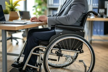 Close-up of a disabled employee working at a desk with a laptop in an office setting