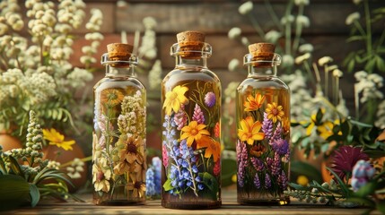 three beautiful glass bottles filled with colorful flowers and clear liquid