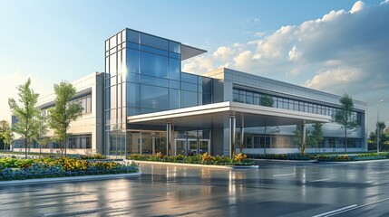 The photo shows the exterior of a modern office building. It is a three-story building with a glass and steel facade.