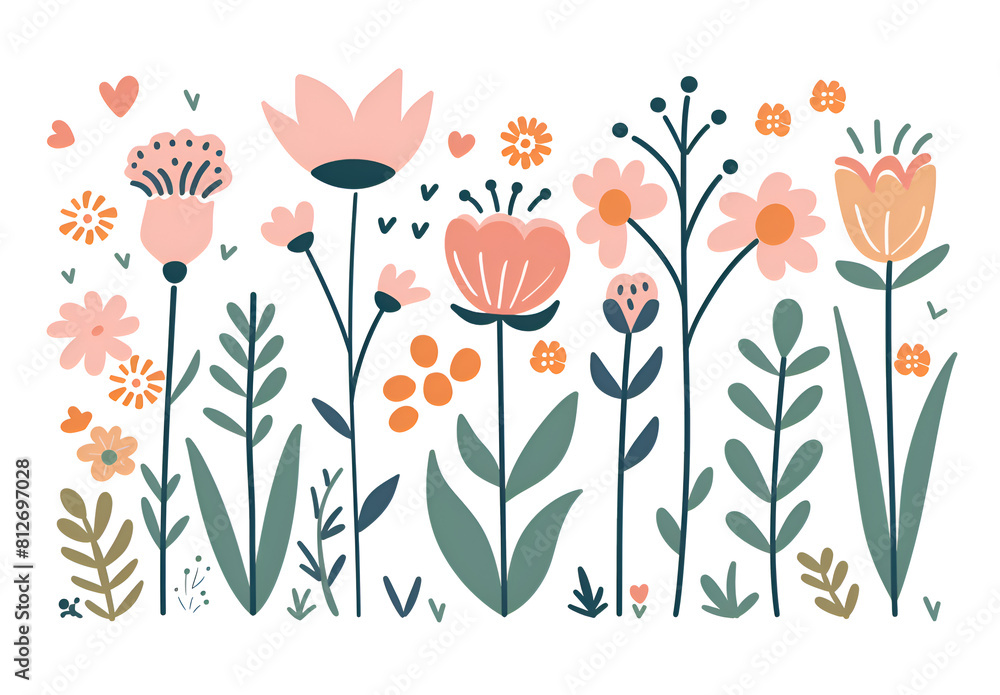 Aufkleber a colorful drawing of flowers with hearts in the middle. the flowers are arranged in a row, with som