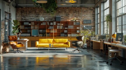 There is a yellow sofa in the center of the room. There are some bookshelves on the brick wall. There are some plants in the room. There is a large window in the room.