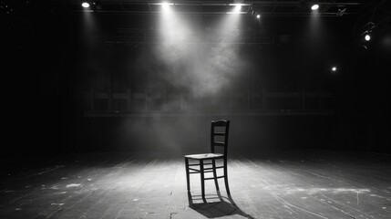 A solitary wooden chair sits dramatically in the center of an empty stage, highlighted under the focused glow of overhead soffits