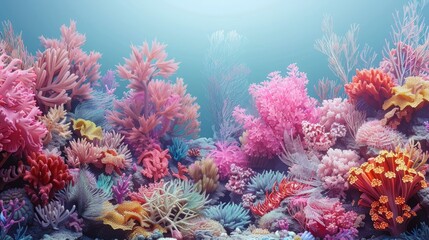 Underwater image of a coral reef with many different types of coral and fish.
