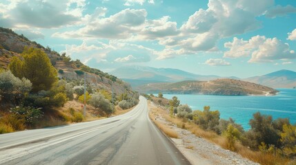 A scenic view of a car driving along a picturesque European road in the summer