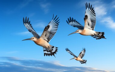 Fototapeta premium Hoopoe in flight, crest splayed dramatically, detailed wing pattern, clear blue sky behind