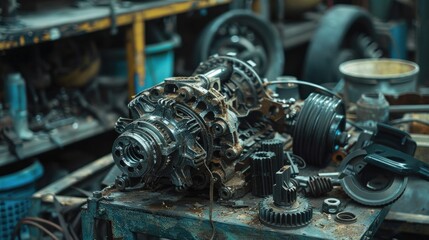 A detailed view of a disassembled automatic transmission gear part laid out on a workbench in a garage