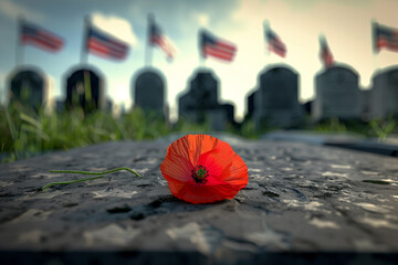 An artistic shot of a single red poppy placed in front of a series of tombstones with American flags fluttering in the wind.