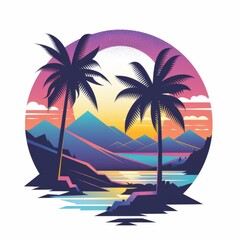 Two Palm Trees and a Mountain in a Circular Frame