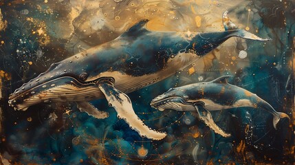  whale motifs and cosmic geometry, watercolour
