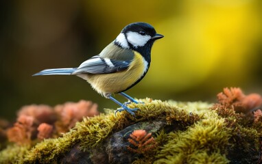 Close up of a Great Tit with a black head pecking at seeds, clear, detailed forest background