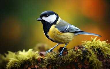 Obraz premium Close up of a Great Tit with a black head pecking at seeds, clear, detailed forest background