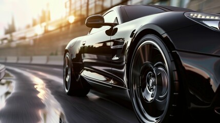 A dynamic front side view of a sleek black car executing a sharp turn, highlighting its design and speed