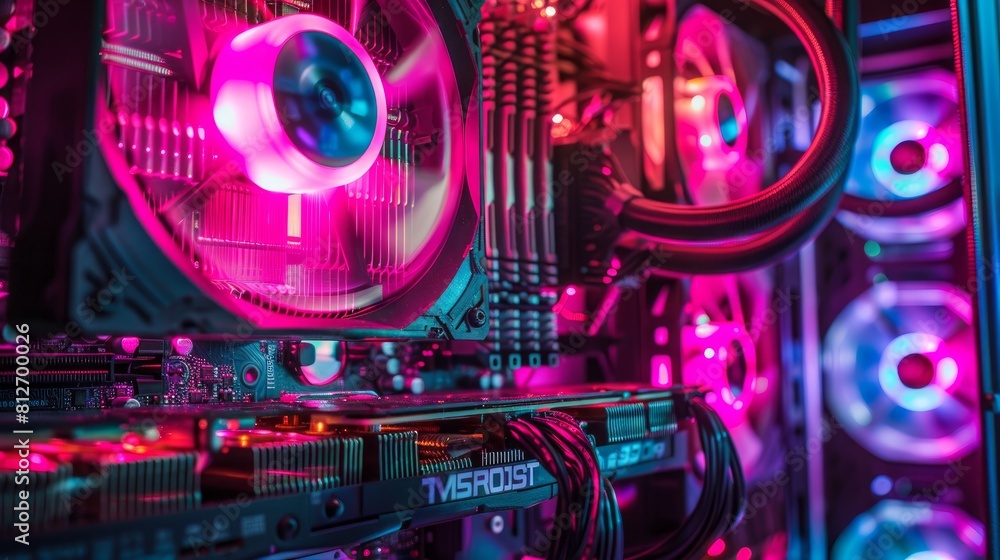 Poster a detailed look inside a high-performance computer, showcasing a circuit board and cpu cooling fans
