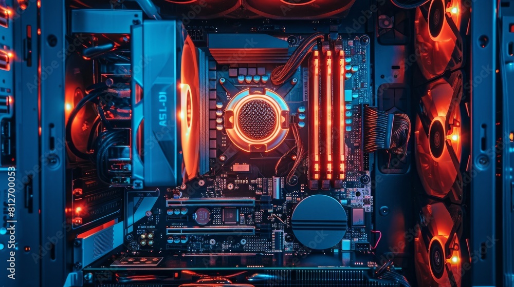 Poster a detailed look inside a high-performance computer, showcasing a circuit board and cpu cooling fans