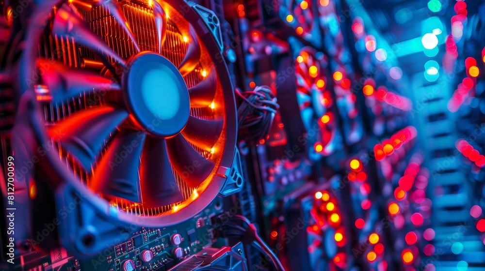 Poster a detailed look inside a high-performance computer, showcasing a circuit board and cpu cooling fans