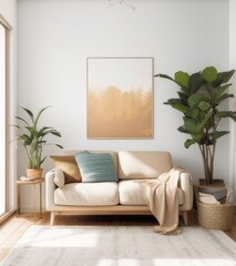 Modern interior with a beige sofa and wooden side table near a white wall mock up, plants in pots on the floor, a window with natural light.