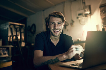 Home, night and portrait of man with laptop for freelance job, web design and communication....