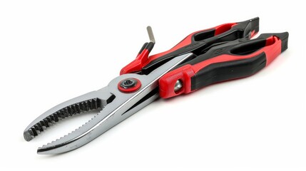 A pair of pliers with red and black handles, clearly isolated on a white background.

